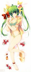 Rule 34 | 1girl, absurdres, ahoge, ankleband, anklet, barefoot, between legs, bikini, blue eyes, bow, dakimakura (medium), full body, green hair, highres, jewelry, light smile, long hair, lotion, melon-chan, melonbooks, mikeou, rod, scan, solo, swimsuit, twintails, yellow bow