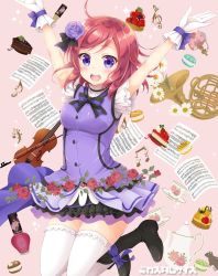Rule 34 | 1girl, :d, ahoge, arms up, bad id, bad twitter id, bass clef, black footwear, black ribbon, blush, boots, bow, bowtie, cheesecake, chipmunk, circle name, commentary request, cup, dress, flower, food, french horn, frilled gloves, frills, fruit, gloves, hair flower, hair ornament, hair ribbon, instrument, jumping, kira-kira sensation!, light blush, looking at viewer, love live!, love live! school idol project, macaron, medium hair, musical note, nail polish bottle, nishikino maki, o/, open mouth, outstretched arms, papers, pink background, purple bow, purple dress, purple eyes, purple flower, purple rose, red flower, red hair, red rose, ribbon, rose, round teeth, sakurai makoto (custom size), saucer, sheet music, smile, solo, sparkle, squirrel, strawberry, striped bow, striped bowtie, striped clothes, striped neckwear, teacup, teapot, teeth, thighhighs, treble clef, upper teeth only, violin, white gloves, white thighhighs, wrist bow