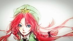Rule 34 | 1girl, blue eyes, braid, colored pencil (medium), floating hair, green hat, hair ribbon, hat, hong meiling, long hair, looking at viewer, parted lips, red hair, ribbon, solo, solo focus, star (symbol), touhou, traditional media, tress ribbon, twin braids