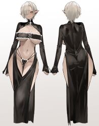 Rule 34 | 1girl, ass, asymmetrical bangs, black dress, blush, bra strap, breasts, contrapposto, dishwasher1910, dress, earrings, frills, gluteal fold, hair over one eye, highleg, highleg panties, highres, jewelry, large breasts, long dress, long sleeves, looking at viewer, mole, mole under mouth, multiple views, navel, original, panties, pointy ears, revealing clothes, short hair, smile, smirk, strapless, thigh gap, thong, tube top, underboob, underwear, white hair