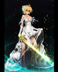 Rule 34 | 1girl, arm at side, artoria pendragon (all), artoria pendragon (fate), bare shoulders, bba1985, black background, black border, blonde hair, border, breasts, bride, caliburn (fate), cleavage, collarbone, contrapposto, covered navel, dress, eyelashes, fate/stay night, fate (series), fishnet thighhighs, fishnets, flower, full body, gloves, glowing, green eyes, hair between eyes, hair ornament, high heels, highres, lace, lace-trimmed gloves, lace trim, legs apart, light particles, long dress, looking at viewer, medium breasts, parted lips, pillarboxed, rose, saber (fate), shoes, skin tight, skirt hold, solo, standing, sword, thighhighs, torn clothes, torn dress, weapon, wedding dress, white dress, white flower, white footwear, white rose