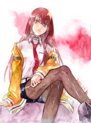 Rule 34 | 1girl, 2022, black shorts, blue eyes, breast pocket, brown pantyhose, closed mouth, collared shirt, crossed legs, dated, hair between eyes, jacket, long hair, long sleeves, looking at viewer, makise kurisu, necktie, open clothes, open jacket, painting (medium), pantyhose, pantyhose under shorts, pocket, red hair, red necktie, rocni, shirt, short shorts, shorts, sitting, solo, steins;gate, straight hair, traditional media, very long hair, watercolor (medium), white shirt, wing collar, yellow jacket