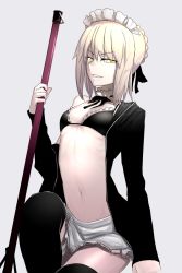 Rule 34 | 1girl, apron, artoria pendragon (all), artoria pendragon (alter swimsuit rider) (second ascension) (fate), artoria pendragon (fate), black legwear, blonde hair, breasts, cleavage, fate/grand order, fate/stay night, fate (series), grin, highres, i-pan, jacket, looking at viewer, maid headdress, navel, pale skin, saber alter, smile, solo, yellow eyes