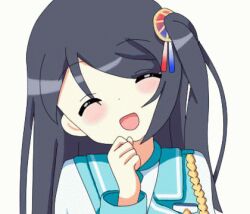 Rule 34 | 1girl, animated, animated gif, black hair, blue eyes, blue vest, blush, collared shirt, hair ornament, krt girls, long hair, long sleeves, lowres, non-web source, shirt, solo, vest, xiao qiong