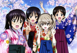 Rule 34 | 4girls, :d, absurdres, arms up, black hair, black hakama, blue hakama, blue kimono, blue sky, brown hair, character request, cherry blossoms, collarbone, day, floral print, girls und panzer, glasses, green hakama, grey eyes, hakama, hakama skirt, highres, itou takeshi, japanese clothes, kimono, looking at viewer, megami magazine, multiple girls, official art, open mouth, outdoors, petals, print kimono, purple hakama, purple kimono, red kimono, shimada arisu, skirt, sky, smile, standing, v, wide sleeves