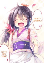 Rule 34 | 10s, 1girl, :d, ^ ^, akebono (kancolle), akeome, apron, bell, blush, clenched hands, closed eyes, crab, floral print, flower, hair bell, hair flower, hair ornament, happy new year, hard-translated, heart, japanese clothes, jewelry, jingle bell, kantai collection, kimono, kotoyoro, long hair, maid, masaki kei, new year, obi, open mouth, purple hair, ring, sash, short kimono, side ponytail, smile, solo, tasuki, third-party edit, translated, very long hair, wa maid, waist apron, wedding band