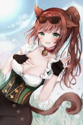 Rule 34 | 1girl, absurdres, animal ears, warrior of light (ff14), bad id, bad pixiv id, bell, blush, breasts, brown hair, cat ears, cat tail, dutch angle, eyewear on head, facial mark, final fantasy, final fantasy xiv, fingerless gloves, gloves, green eyes, highres, long hair, looking at viewer, medium breasts, miqo&#039;te, neck bell, open mouth, ponytail, sakura mochiko, scoop neck, slit pupils, solo, tail, whisker markings