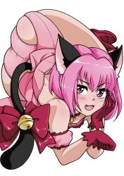Rule 34 | 1girl, absurdres, animal ears, ass, back, backless outfit, bell, boots, bow, cat ears, cat tail, choker, come hither, dress, fang, frilled choker, frills, gloves, highres, huge ass, jingle bell, looking at viewer, looking back, magical girl, mew ichigo, momomiya ichigo, naughty face, off-shoulder dress, off shoulder, panties, pink choker, pink eyes, pink hair, puffy sleeves, red gloves, shimetta masuta, shiny skin, short dress, short hair, skirt, smile, solo, tail, tail bell, tail bow, tail ornament, thigh strap, tokyo mew mew, transparent background, underwear