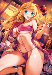 Rule 34 | 1girl, bare legs, bare shoulders, barefoot, bikini, blonde hair, blue eyes, blush, breasts, candy apple, cleavage, comic penguin club, dutch angle, eyepatch bikini, faceless, faceless male, fingernails, floral print, food, front-tie bikini top, front-tie top, gluteal fold, highres, japanese clothes, kimono, large breasts, leg up, long hair, looking at viewer, looking away, multi-strapped bikini, navel, non-web source, off shoulder, open clothes, open kimono, open mouth, outdoors, pinky out, purple bikini, saburou (hgmg), sandals, string bikini, swimsuit, underboob, yukata
