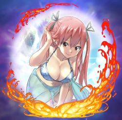 Rule 34 | 1girl, bent over, bikini, breasts, cleavage, collarbone, emma (gate of nightmares), gate of nightmares, large breasts, long hair, looking at viewer, mashima hiro, navel, official art, red eyes, red hair, sarong, smile, square enix, swimsuit, twintails