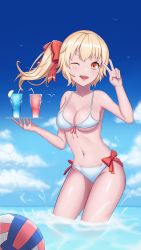 Rule 34 | 1girl, ;d, absurdres, aged up, alternate costume, animal, ball, bare arms, bare shoulders, bikini, bird, blonde hair, blue sky, blush, bow, bow bikini, breasts, cloud, cloudy sky, collarbone, cowboy shot, cup, day, drink, drinking glass, drinking straw, eyelashes, fangs, fingernails, flandre scarlet, flying, food, front-tie bikini top, front-tie top, fruit, glass, groin, hair ornament, hair ribbon, highres, holding, holding tray, kokoala, legs together, lemon, lemon slice, long hair, looking at viewer, medium breasts, navel, no wings, ocean, one eye closed, open mouth, orange eyes, outdoors, partially submerged, red bow, ribbon, side-tie bikini bottom, side ponytail, sky, smile, solo, splashing, standing, stomach, swimsuit, teeth, touhou, tray, underboob, upper teeth only, v, volleyball, volleyball (object), wading, water, white bikini
