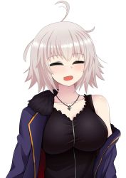 Rule 34 | 1girl, ahoge, black dress, blush, breasts, closed eyes, dress, fate/grand order, fate (series), fur trim, highres, jacket, jeanne d&#039;arc (fate), jeanne d&#039;arc alter (fate), jewelry, large breasts, messy hair, necklace, pale skin, short hair, simple background, smile, solo, the only shoe, white background, white hair
