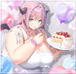 1girl agano_mai aqua_eyes artist_request balloon black_wings blurry blurry_foreground blush border breasts bubble cake cleavage closed_mouth commentary_request diamond_(shape) fat food fork fruit hair_between_eyes hair_ornament hairclip highres holding holding_fork holding_plate huge_breasts indie_virtual_youtuber long_hair looking_at_viewer mini_wings multicolored_hair outside_border pink_hair plate red_nails second-party_source shadow solo strawberry strawberry_shortcake thick_arms two-tone_hair upper_body virtual_youtuber watermark white_border white_hair wings