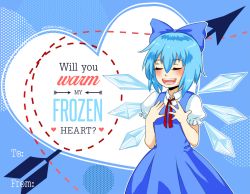 Rule 34 | 1girl, ascot, blue hair, cirno, english text, closed eyes, ice, ice wings, ribbon, solo, touhou, valentine, veronica campbell, wings