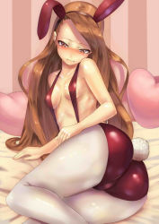 Rule 34 | 1girl, animal ears, ass, bed, bed sheet, blush, breasts, brown hair, cameltoe, embarrassed, fake animal ears, hairband, heart, heart-shaped pillow, idolmaster, idolmaster (classic), leotard, long hair, looking at viewer, lying, minase iori, noririn, on side, pantyhose, pillow, playboy bunny, rabbit ears, rabbit girl, rabbit tail, red eyes, small breasts, solo, suspenders, tail, tears, white pantyhose