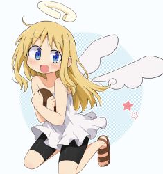 Rule 34 | 1other, :d, angel, angel wings, bare arms, black shorts, blonde hair, blue eyes, blush, broken halo, collarbone, crimvael, dress, halo, highres, holding, ishuzoku reviewers, long hair, off-shoulder dress, off shoulder, open mouth, richard (richaball), sandals, shorts, smile, solo, white dress, wings