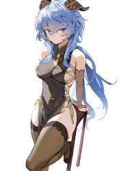 Rule 34 | 1girl, ahoge, bare shoulders, bell, black dress, blue hair, blush, breasts, brown thighhighs, china dress, chinese clothes, cleavage cutout, closed mouth, clothing cutout, dress, ganyu (genshin impact), genshin impact, goat horns, highres, horns, large breasts, long hair, looking at viewer, low ponytail, panty straps, pelvic curtain, purple eyes, sideboob, sideless outfit, simao (x x36131422), simple background, sleeveless, sleeveless dress, solo, thighhighs, white background