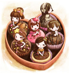 Rule 34 | 6+girls, :&lt;, bare shoulders, blush, blush stickers, bow, box, bracelet, brown dress, brown eyes, brown hair, candy, chocolate, cupcake, dress, earrings, food, food-themed clothes, food as clothes, gem, hair ornament, hairband, hand to own mouth, hands together, in box, in container, jewelry, long hair, multiple girls, necklace, nut (food), open mouth, original, pearl (gemstone), personification, pink dress, short hair, smile, sprinkles, wrapper