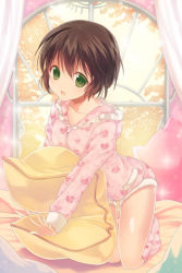 Rule 34 | 1girl, asmis hara, breasts, brown hair, green eyes, lowres, open mouth, outstretched arms, pajamas, pillow, reum, short hair, socks, solo, sword girls