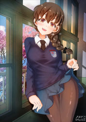 Rule 34 | 1girl, artist name, black necktie, black ribbon, blue skirt, blue sky, blue sweater, braid, braided ponytail, brown eyes, brown hair, brown pantyhose, clothes lift, cloud, cloudy sky, commentary, cowboy shot, day, dress shirt, emblem, female focus, girls und panzer, hair ornament, hair over shoulder, hair ribbon, hairclip, head tilt, highres, indoors, leaning to the side, lifting own clothes, long hair, long sleeves, looking at viewer, megadeko, miniskirt, necktie, open mouth, pantyhose, pleated skirt, ribbon, rukuriri (girls und panzer), school uniform, shirt, signature, single braid, skirt, skirt lift, sky, smile, solo, st. gloriana&#039;s (emblem), st. gloriana&#039;s school uniform, standing, sweater, thigh gap, tree, twitter username, v-neck, white shirt, window, wing collar