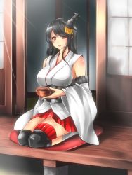 Rule 34 | 10s, 1girl, black hair, breasts, en (paorasuteki), female focus, fusou (kancolle), highres, kantai collection, large breasts, long hair, looking at viewer, red eyes, seiza, sitting, smile, solo