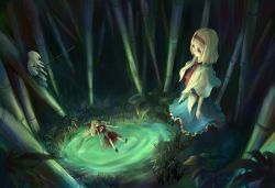 Rule 34 | 1girl, absurdres, alice margatroid, arms at sides, arrow (projectile), bad id, bamboo, bamboo forest, blonde hair, blue dress, blue eyes, bow, broken, corset, disembodied hand, dress, empty eyes, expressionless, forest, frilled dress, frills, glowing, grass, hair bow, hidden face, highres, hourai doll, impaled, long hair, nature, night, partially submerged, plant, puddle, red dress, ribbon, shanghai doll, short hair, shuang ye, standing, torn clothes, touhou