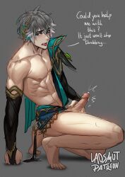 Rule 34 | 1boy, alhaitham (genshin impact), artist name, barefoot, blue eyes, cape, commentary, commission, english commentary, english text, genshin impact, grey background, grey hair, highres, laovaan, male focus, penis, precum, short hair, simple background, sketch, solo, squatting, toned, toned male, tongue, tongue out