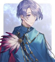 Rule 34 | 1boy, airm, blue cloak, blue jacket, border, brooch, buttons, cloak, collared cloak, diamond button, eyes visible through hair, feathers, genzuki toujirou, gold trim, hair over one eye, highres, jacket, jewelry, looking to the side, male focus, milky way, nijisanji, outside border, purple eyes, purple hair, short hair, sky, smile, solo, star (sky), starry sky, upper body, virtual youtuber, white border