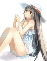 Rule 34 | 1girl, dress, hat, long hair, original, simple background, sitting, solo, sun hat, sundress, very long hair, white background, xinta