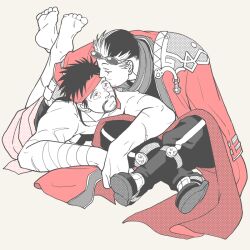 Rule 34 | 2boys, 4100, armor, auron, bara, barefoot, black hair, chest tattoo, crossed legs, eyewear on head, facial hair, final fantasy, final fantasy x, grey background, half-closed eyes, headband, japanese clothes, jecht, kiss, kissing forehead, limited palette, long hair, lying, male focus, multicolored hair, multiple boys, muscular, on ground, on stomach, red eyes, scar, shoulder armor, smile, sunglasses, tattoo, the pose, topless male, two-tone hair, white hair, yaoi