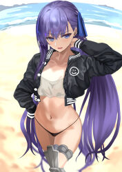Rule 34 | 1girl, bad id, bad pixiv id, bandeau, beach, black jacket, black panties, blue eyes, blue ribbon, blush, breasts, collarbone, cropped jacket, fate/extra, fate/extra ccc, fate/grand order, fate (series), hair ribbon, jacket, kesoshirou, long hair, long sleeves, looking at viewer, meltryllis (fate), navel, open clothes, open jacket, open mouth, panties, prosthesis, prosthetic leg, purple hair, ribbon, shore, small breasts, solo, thighs, underwear, very long hair