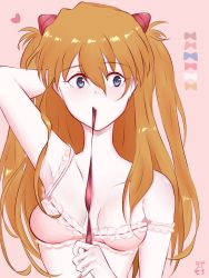 Rule 34 | 10s, 1girl, 2022, artist request, blue eyes, bra, breasts, brown hair, brushing hair, dated, hand in own hair, heart, highres, long hair, looking to the side, neon genesis evangelion, simple background, solo, souryuu asuka langley, twintails, two side up, underwear, upper body, very long hair