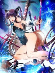Rule 34 | 1girl, bare shoulders, black dress, blue eyes, blue fire, blunt bangs, blush, breasts, china dress, chinese clothes, cleavage, detached sleeves, dress, fate/grand order, fate (series), fire, fish, flute, hair ornament, highres, instrument, long hair, looking at viewer, medium breasts, nishiide kengorou, open mouth, pipa (instrument), short dress, smile, solo, thighs, very long hair, yang guifei (fate), yang guifei (second ascension) (fate)