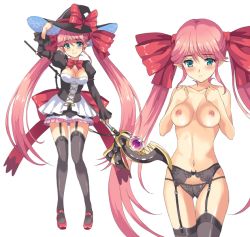 Rule 34 | 1girl, adjusting clothes, adjusting headwear, aqua eyes, bare shoulders, black panties, black thighhighs, blush, bow, breasts, cleavage, elf, garter straps, hair bow, hat, hat bow, holding, holding staff, long hair, looking at viewer, medium breasts, midriff, navel, panties, pink bow, pink footwear, pink hair, pointy ears, rasahan, sennen sensou aigis, shoes, skirt, solo, staff, standing, thighhighs, twintails, underwear, very long hair, white skirt, witch hat, yuyu (sennen sensou aigis)