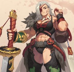 Rule 34 | 1girl, absurdres, bracer, breasts, dao (weapon), eyepatch, facial scar, fur trim, garter straps, gloves, gourd, highres, holding, holding weapon, jewelry, large breasts, long hair, muscular, muscular female, necklace, orange eyes, original, scar, scar on cheek, scar on face, sword, thick thighs, thighs, weapon, white hair, y frt