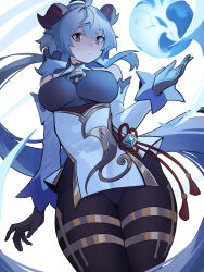 Rule 34 | 1girl, ahoge, bare shoulders, bell, black gloves, blue hair, bodystocking, breasts, chinese knot, detached sleeves, distr, ganyu (genshin impact), genshin impact, gloves, goat horns, gold trim, hair between eyes, highres, horns, long hair, medium breasts, neck bell, orb, pantyhose, purple eyes, qilin (mythology), sidelocks, solo, thick thighs, thighs, vision (genshin impact), white sleeves