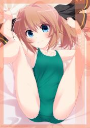 Rule 34 | 1girl, alternate costume, black ribbon, blue eyes, blush, breasts, brown hair, character name, closed mouth, green one-piece swimsuit, hachijou (kancolle), hair ribbon, highres, inaba shiki, kantai collection, looking at viewer, lying, on bed, one-piece swimsuit, pink background, ribbon, short hair, small breasts, smile, solo, swimsuit