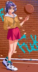Rule 34 | 1girl, 4bpp, ball, basketball, basketball (object), character request, english text, graffiti, highres, long hair, looking at viewer, mahjong sports line, official art, pc-98 (style), pixel art, ponytail, profanity, purple eyes, purple hair, shoes, skirt, sleeves pushed up, sneakers, socks, solo, standing, sweater