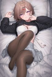 Rule 34 | 1girl, absurdres, blush, bra, breasts, brown hair, cellphone, cleavage, hair ornament, hairclip, highres, higuchi madoka, idolmaster, idolmaster shiny colors, large breasts, looking at viewer, lying, mole, mole under eye, nail polish, on back, on bed, p00nipooni, pantyhose, phone, pillow, pleated skirt, purple eyes, purple nails, short hair, skirt, solo, sweat, sweater, swept bangs, underwear, white bra
