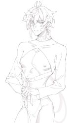 Rule 34 | 1boy, absurdres, bare pectorals, colorless, folded hands, genshin impact, greyscale, highres, looking at viewer, monochrome, pectorals, ppttlyr, revealing clothes, sweatdrop, white background, zhongli (genshin impact)