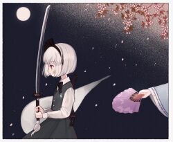 Rule 34 | 2girls, black bow, black bowtie, black hairband, black ribbon, bob cut, bow, bowtie, cherry blossoms, closed mouth, collared shirt, commentary request, falling petals, from side, full moon, green skirt, green vest, hairband, hand fan, highres, holding, holding fan, holding sword, holding weapon, katana, konpaku youmu, long sleeves, moon, multiple girls, night, night sky, out of frame, petals, profile, red eyes, ribbon, saigyouji yuyuko, sheath, sheathed, shirt, short hair, skirt, sky, sword, touhou, unsheathed, vest, wakizashi, weapon, white hair, white shirt, wide sleeves, yujup