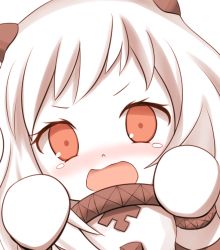 Rule 34 | 10s, 1girl, abyssal ship, blush, close-up, colored skin, crying, dress, gloves, horns, kantai collection, kuroganeruto, long hair, looking at viewer, mittens, northern ocean princess, open mouth, pale skin, red eyes, solo, tears, white background, white dress, white gloves, white hair, white mittens, white skin