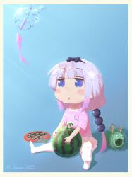 Rule 34 | 1girl, absurdres, beads, black bow, black hairband, blue eyes, bow, bow hairband, commentary request, dress, food, fruit, hair beads, hair bow, hair ornament, hairband, hand fan, highres, kanna kamui, kobayashi-san chi no maidragon, long hair, low twintails, no shoes, paper fan, parted lips, pink dress, purple hair, shingen318, short sleeves, sitting, solo, sweat, thighhighs, twintails, uchiwa, very long hair, watermelon, white thighhighs