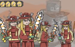 Rule 34 | 1boy, 3girls, blonde hair, blue eyes, blunt bangs, e-liter 4k (splatoon), earpiece, ebifurai kakigwa, flat chest, gloves, green gloves, grizzco splatana (splatoon), half-closed eyes, headlamp, helmet, high-visibility clothing, high-visibility vest, hime cut, holding, holding weapon, in-universe location, inkling, inkling boy, inkling girl, inkling player character, jumpsuit, lifebuoy, long hair, long sleeves, looking down, looking to the side, multiple girls, nintendo, octoling, octoling girl, octoling player character, odd one out, orange sky, outdoors, pointy ears, profile, red helmet, red jumpsuit, salmon run (splatoon), short hair, sidelocks, sky, splatoon (series), splatoon 3, suction cups, swim ring, tentacle hair, tentacles, vest, weapon, yellow vest