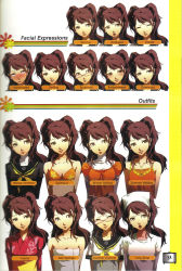 Rule 34 | 1girl, apron, atlus, bikini, blush, breasts, brown eyes, brown hair, character sheet, cleavage, closed eyes, earrings, glasses, happy, highres, japanese clothes, jewelry, kimono, kujikawa rise, lips, long hair, looking at viewer, medium breasts, open mouth, persona, persona 4, school uniform, smile, soejima shigenori, solo, surprised, swimsuit, tank top, towel, turtleneck, twintails