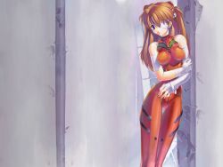 Rule 34 | 1girl, bandaged hand, bandages, bodysuit, breasts, breasts apart, brown hair, cowboy shot, hair between eyes, halterneck, hand on own hip, highres, leaning to the side, legs together, narrow waist, neon genesis evangelion, orange hair, parted bangs, plugsuit, red bodysuit, skin tight, solo, souryuu asuka langley, standing, two side up, uchiu kazuma, wallpaper