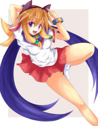 Rule 34 | 1girl, animal ears, aq interactive, arcana heart, arcana heart 2, artist request, bracelet, brown background, brown hair, cape, collar, dog ears, examu, fang, grin, hair ornament, highres, inuwaka akane, long hair, looking at viewer, multicolored hair, open mouth, purple eyes, school uniform, shoes, skirt, sneakers, two-tone hair