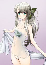 Rule 34 | 1girl, aqua eyes, bare shoulders, blush, breasts, cleavage, closed mouth, clothes writing, cluseller, collarbone, covered navel, cowboy shot, female focus, gradient background, green ribbon, grey hair, hair ribbon, highres, hinamizawa kurumi, holding, japanese text, light blush, long hair, mole, mole under mouth, one-piece swimsuit, ponytail, purple background, pygmalion. (group), ribbon, sidelocks, simple background, small breasts, solo, standing, swimsuit, towel, translation request, virtual youtuber, white one-piece swimsuit