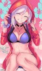 Rule 34 | 1girl, bikini, bracelet, breasts, character name, cleavage, collarbone, copyright name, earrings, fate/grand order, fate (series), grin, head tilt, highres, hood, hooded jacket, jacket, jewelry, kisaragi chiyuki, large breasts, long hair, looking at viewer, magatama, magatama necklace, miyamoto musashi (fate), navel, necklace, open clothes, open jacket, polka dot, polka dot background, purple bikini, red jacket, signature, silver hair, sitting, smile, solo, standing, swimsuit, wrist cuffs, yellow eyes