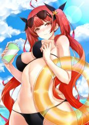 Rule 34 | 1girl, asya, azur lane, bikini, black bikini, black ribbon, blush, breasts, cleavage, closed mouth, cloud, collarbone, commentary, cowboy shot, cup, day, eyewear on head, groin, hair ornament, hair ribbon, half-closed eyes, highres, holding, holding cup, holding swim ring, honolulu (azur lane), honolulu (summer accident?!) (azur lane), innertube, large breasts, long hair, looking at viewer, navel, outdoors, red eyes, red hair, ribbon, skindentation, solo, star (symbol), star hair ornament, stomach, sunglasses, swim ring, swimsuit, tsurime, twintails
